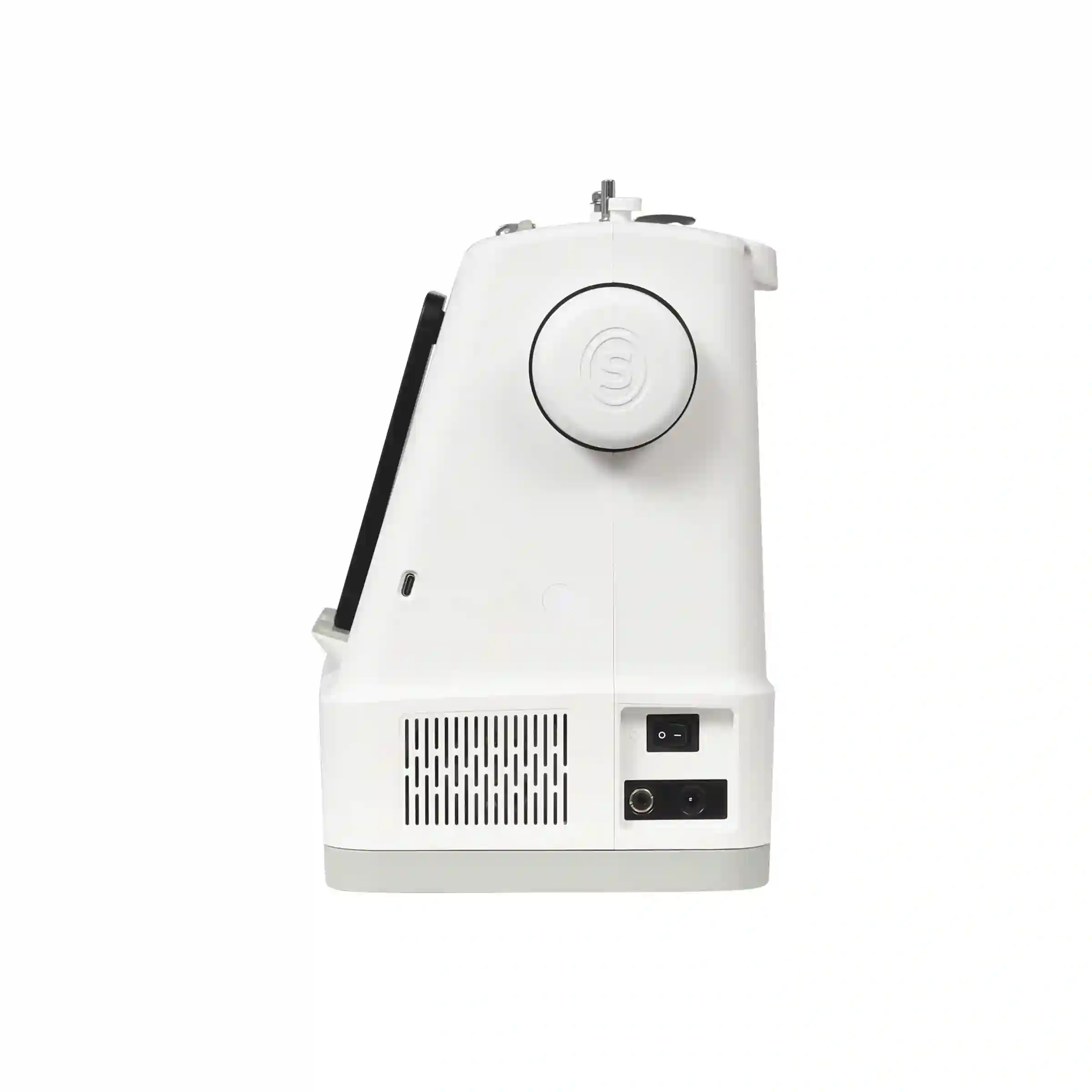 Rechte Seitenansicht der SINGER Smart Heavy Duty HD9125 mit Handrad, Netzschalter, Stromanschluss und USB-C-Port.