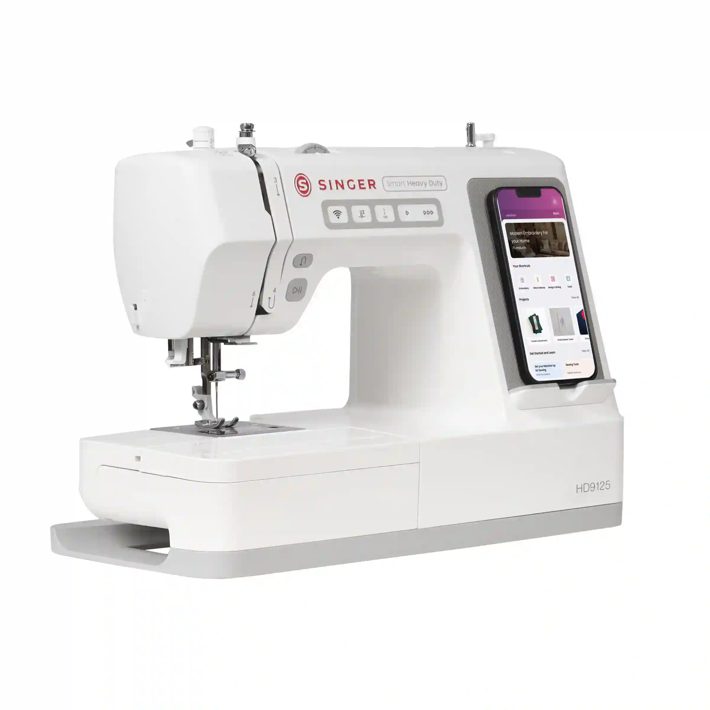 Frontale Schrägansicht der SINGER Smart Heavy Duty HD9125 mit abgenommenem Anschiebetisch (Freiarm-Funktion) und eingesetztem Smartphone.