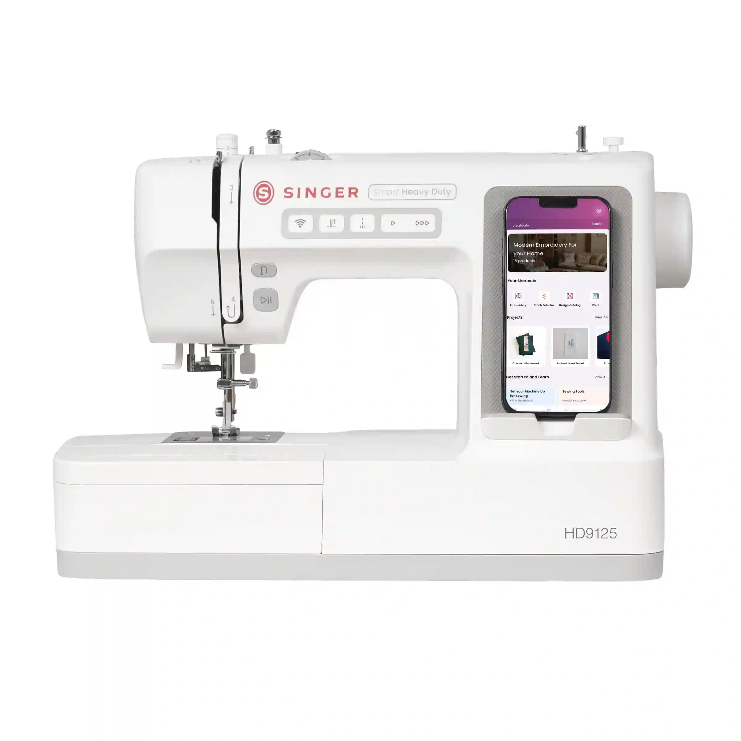 Frontansicht der SINGER Smart Heavy Duty HD9125 Nähmaschine mit integrierter Smartphone-Halterung und CREATIVATE™ App zur Näh-Steuerung.