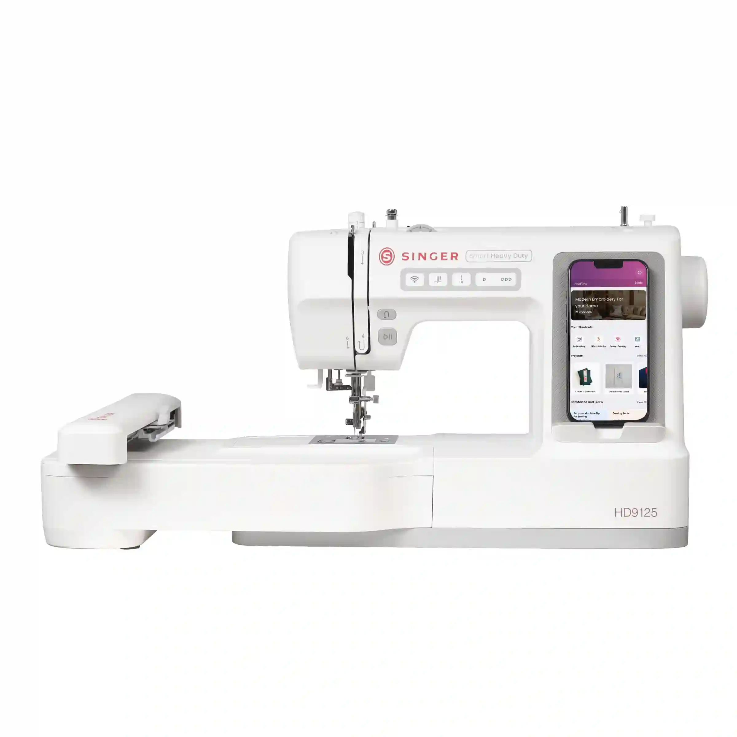 Frontansicht der SINGER Smart Heavy Duty HD9125 Kombi-Maschine mit angebrachtem Stickmodul und Smartphone-Halterung.
