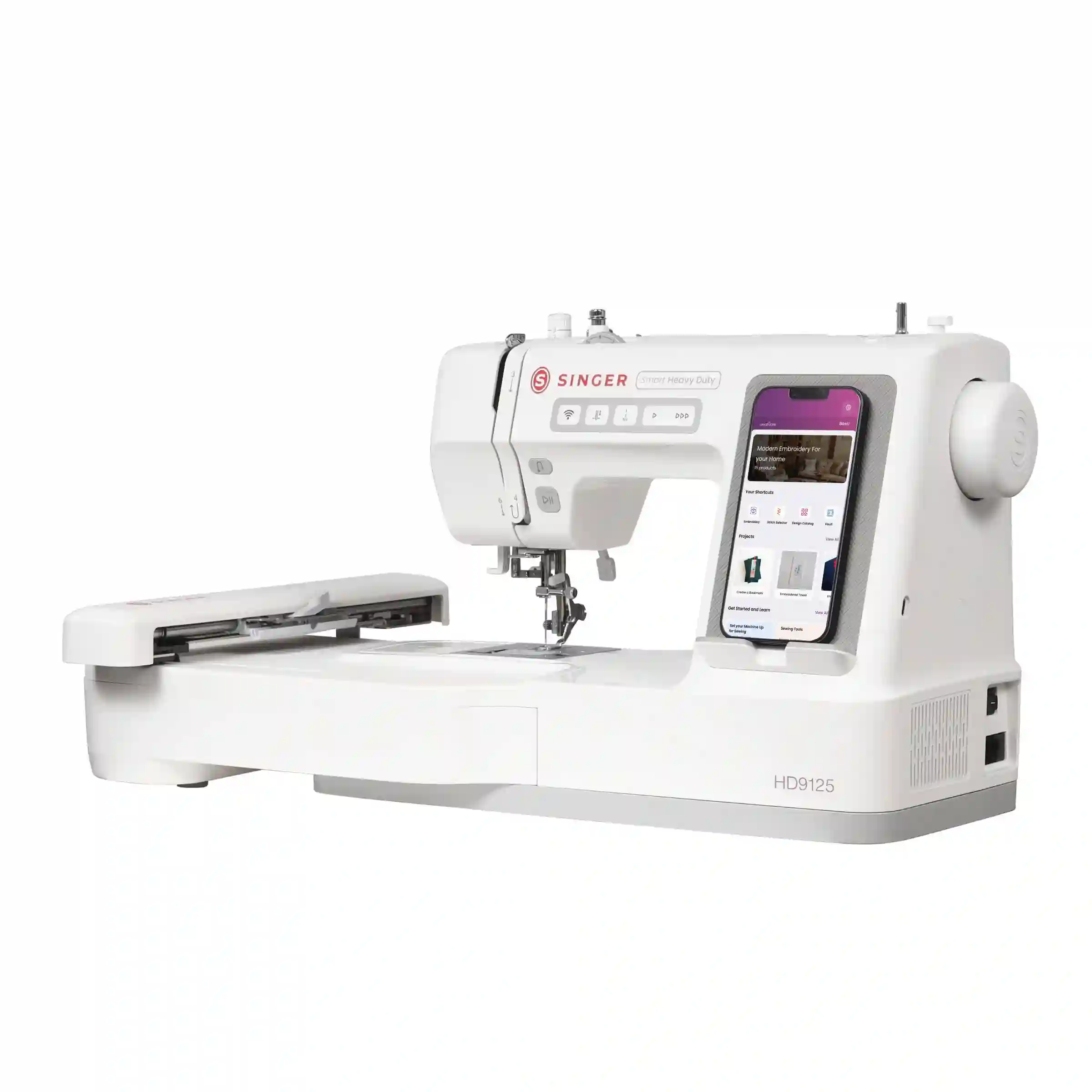 Perspektivische Frontansicht der SINGER Smart Heavy Duty HD9125 Näh- und Stickmaschine mit montiertem Stickaggregat.