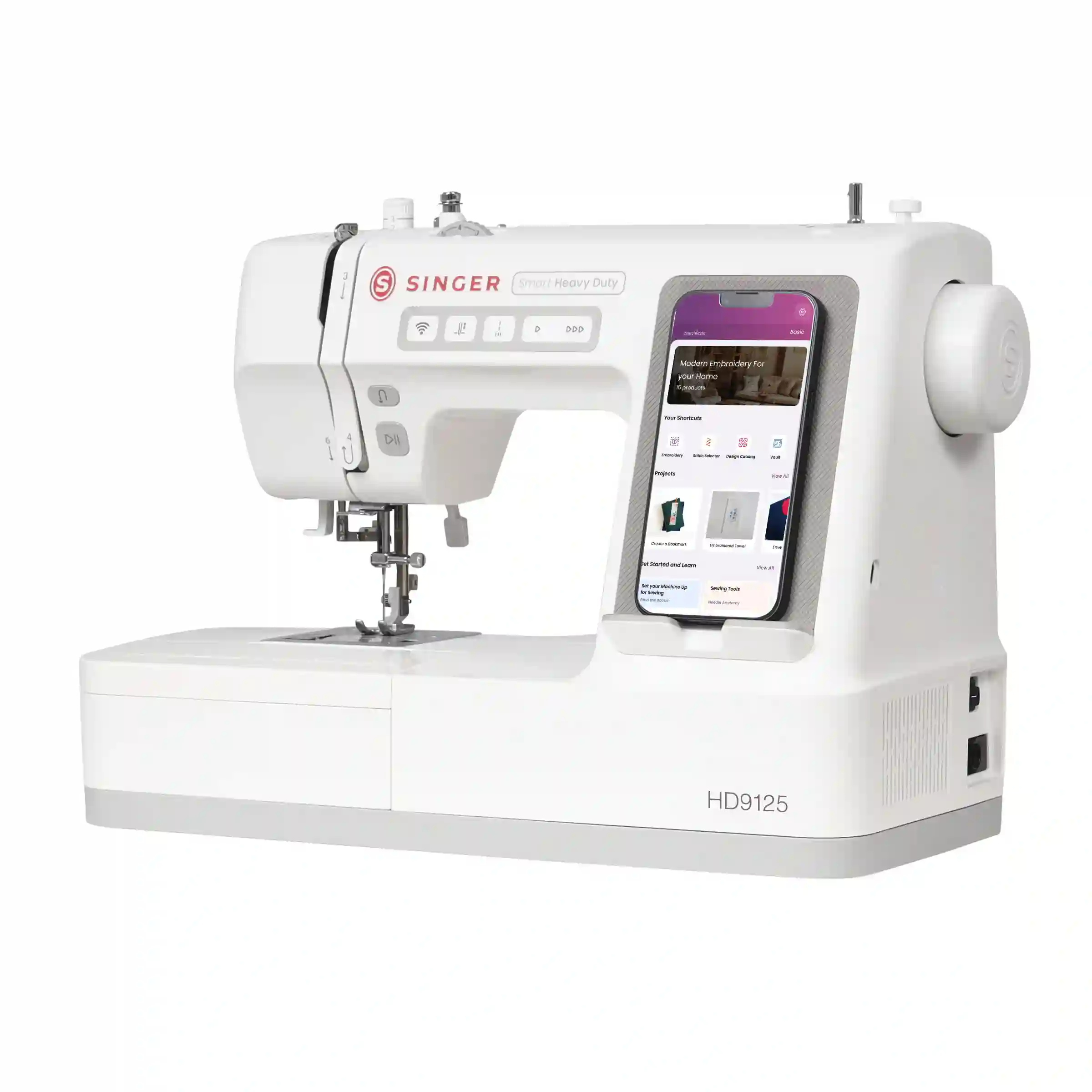 Leicht gedrehte Frontansicht der SINGER Smart Heavy Duty HD9125 Nähmaschine inklusive Zubehörfach/Anschiebetisch und eingesetztem Smartphone.